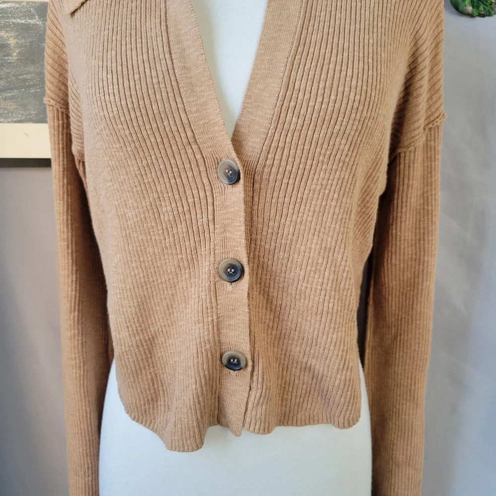 Free People Ella Button-Up‎ Ribbed Cardigan Sweater Iced Coffee Tan S